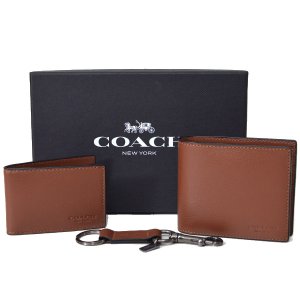 画像1: 【COACH】コーチ メンズ レザー 二つ折り財布+カードケース（定期入れ）+キーホルダー 豪華3点セット ダークサドル（日本未発売）