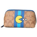 【COACH】コーチ パックマン シグネチャー ストライプ コーティングキャンパス レザー コスメティック ミディアム 化粧ポーチ カーキ×デニム（日本未発売）