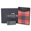 【COACH】コーチ チェック キャンバス レザー マネークリップ付き カードケース 名刺入れ ブラック×レッド（日本未発売）