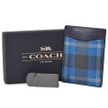 【COACH】コーチ チェック キャンバス レザー マネークリップ付き カードケース 名刺入れ ブラック×デニム（日本未発売）