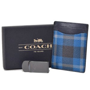 画像1: 【COACH】コーチ チェック キャンバス レザー マネークリップ付き カードケース 名刺入れ ブラック×デニム（日本未発売）