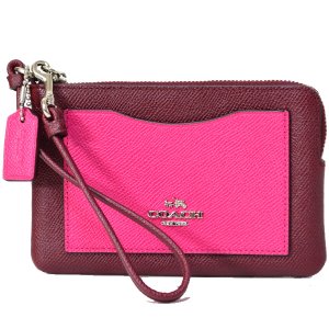 画像1: 【COACH】コーチ クロスグレイン レザー カラーブロック コーナー ジップ リストレットポーチ バーガンディー×チェリーピンク〔日本未発売〕