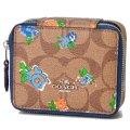 【COACH】コーチ コーティングキャンパス シグネチャー レザー フローラル 花柄 スクエア ファスナー ポーチ 小物入れ ジュエリーケース カーキ×ブルーマルチ（日本未発売）