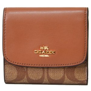 画像1: 【COACH】コーチ ラグジュアリー シグネチャー スモール 三つ折り財布 カーキ×サドル（日本未発売）