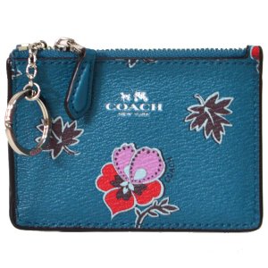 画像1: 【COACH】コーチ コーティングレザー ワイルドフラワー 花柄 キーリング付 スキニー コインケース ダークティール(日本未発売）