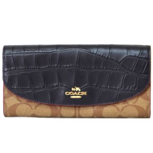 画像1: 【COACH】コーチ エンボスド クロコ レザー シグネチャー スリム エンベロープ 二つ折り 長財布 カーキ×ブラック（日本未発売）