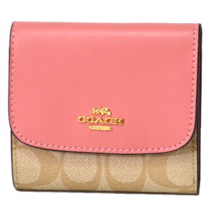 画像1: 【COACH】コーチ ラグジュアリー シグネチャー スモール 三つ折り財布 ライトカーキ×ヴィンテージピンク（日本未発売）