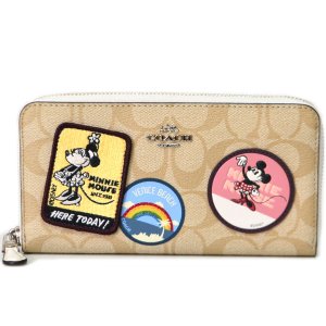 画像1: 【COACH】コーチ ディズニー ミニーコラボ シグネチャー パッチワーク   アコーディオンジップ ラウンド ファスナー 長財布 ライトカーキ×チャーク（日本未発売）