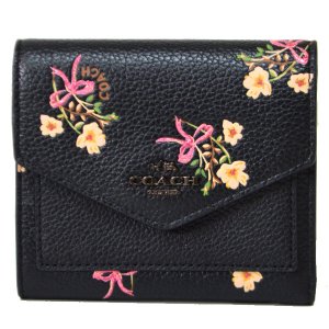 画像1: 【COACH】コーチ ウィズ フローラル 花柄 ボウ プリント レザー 三つ折り財布 ブラックマルチ（日本未発売）