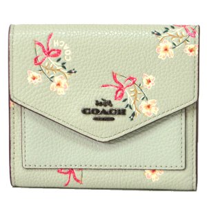 画像1: 【COACH】コーチ ウィズ フローラル 花柄 ボウ プリント レザー 三つ折り財布 ペールグリーン（日本未発売）