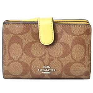 画像1: 【COACH】コーチ ラグジュアリー シグネチャー ミディアム コーナー ジップ 二つ折り財布 カーキ×バニラ（日本未発売）