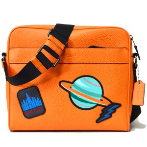 画像1: 【COACH】コーチ メンズ レザー スペース シャトル 宇宙 NASA モチーフ パッチワーク ジップ レザー クロスボディー 斜め掛け ショルダーバッグ タンジェリン〔日本未発売〕