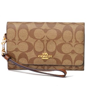 画像1: 【COACH】コーチ レザー シグネチャー リストレット 二つ折り ミディアム ウォレット  財布 カーキ×サドル2〔日本未発売〕