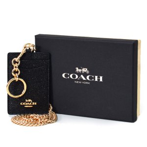 画像1: 【COACH】コーチ クロスグレイン レザー グリッター ラメ チェーン キーリング付き ID ランヤード 首かけ カードケース ブラック（日本未発売）