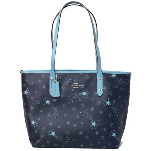 画像1: 【COACH】コーチ コーティングキャンバス スムースレザー 星 スター 流れ星 ジップ トート バッグ ネイビー×クラウドマルチ〔日本未発売〕