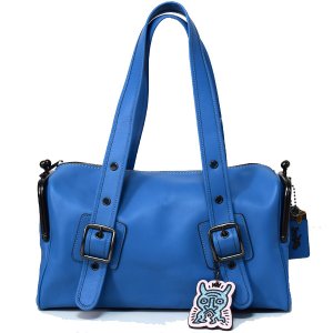 画像1: 【COACH】コーチ レザー キースヘリング コラボ チャーム付 ロックポケット がま口 メールボックス ショルダー ボストン バッグ スカイブルー〔日本未発売〕