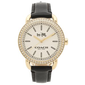 画像1: 【COACH】コーチ レザー ラウンド ラインストーン レディース ウォッチ 腕時計 ブラック×ゴールド〔日本未発売〕