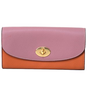 画像1: 【COACH】コーチ レザー マルチ カラーブロック ターンロック スリム エンベロープ 二つ折り 長財布 ダスティーローズ×オレンジマルチ【訳あり】（日本未発売）