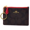 【COACH】コーチ コーティングキャンパス  シグネチャー キーリング付 スキニー コインケース ブラウン×ルビー（日本未発売）