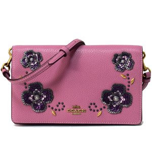 画像1: 【COACH】コーチ ポリッシュドペブルレザー フォルドオーバー シークイン 花柄 フローラル フラワー アップリケ スタッズ リベット 2WAY クラッチ クロスボディー 斜めがけ ショルダーバッグ ローズ（日本未発売）