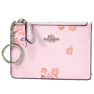 画像1: 【COACH】コーチ コーティングキャンバス レザー フローラル ボウ 花柄 フラワー リボン柄 キーリング付 スキニー コインケース アイスピンク（日本未発売）