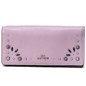 画像1: 【COACH】コーチ ペブルレザー プレーリー リベット 花柄 フラワー フローラル スタッズ リベット リストレット スリム ウォレット 二つ折り 長財布 アイスパープル（日本未発売）