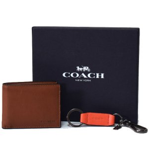 画像1: 【COACH】コーチ メンズ レザー スリム 二つ折り カードケース 財布+キーホルダー 専用BOX付 2点セット サドル×オレンジ（日本未発売）