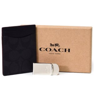 画像1: 【COACH】コーチ メンズ コーティングキャンバス レザー シグネチャー マネークリップ付き カードケース 名刺入れ ブラック×ブラック×オックスブラッド（日本未発売）