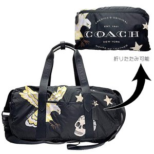 画像1: 【COACH】コーチ ナイロン レザー イーグル モチーフ 星 骸骨 ドクロ スカル柄 2way 折り畳み エコ パッカブル ジムバッグ ショルダー ボストンバッグ ブラックマルチ〔日本未発売〕