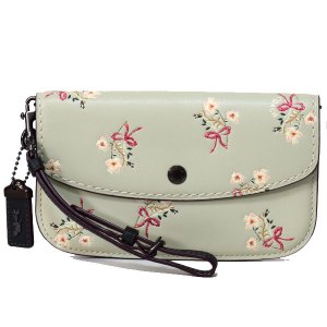 画像1: 【COACH】コーチ グラブタンレザー フローラル ボウ 花柄 フラワー リボン柄 リストレット クラッチ ポーチ フォンウォレット ペールグリーン（日本未発売）