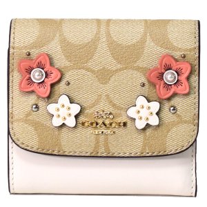 画像1: 【COACH】コーチ コーティングキャンバス スムースレザー シグネチャー 花柄 フラワー フローラル アップリケ スタッズ リベット スモール 三つ折り財布 ライトカーキマルチ（日本未発売）