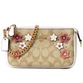 【COACH】コーチ コーティングキャンバス スムースレザー シグネチャー 花柄 フラワー フローラル アップリケ スタッズ リベット 2WAY チェーン リストレット マルチ ポーチ クラッチ  ハンドバッグ ライトカーキマルチ（日本未発売）