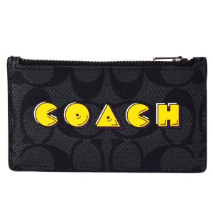 画像1: 【COACH】コーチ メンズ コーティングキャンバス カーフレザー シグネチャー パックマン スクリプト ジップ コインケース 小銭入れ カードケース チャコール×ブラック〔日本未発売〕