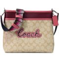 【COACH】コーチ コーティングキャンパス スムースレザー シグネチャー ロゴ プリント アップリケ ファイル 斜めがけ ショルダーバッグ ライトカーキマルチ〔日本未発売〕