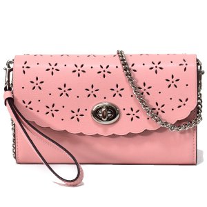 画像1: 【COACH】コーチ メタリックテクスチャードレザー 花柄 フラワー フローラル カッティング パンチング  チェーン リストレット 2WAY クラッチ クロスボディー 斜めがけ ショルダーバッグ ペタル×ストロベリー（日本未発売）