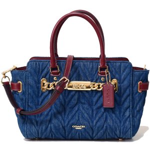 画像1: 【COACH】コーチ デニム スムースレザー キルティング 25 キャリーオール  2WAY サッチェル ショルダー ハンドバッグ デニム（日本未発売）