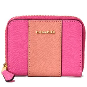 画像1: 【COACH】コーチ コーティングキャンバス レザー ストライプ ミニ ジップ アラウンド コインケース 小銭入れ カードケース ピンクルビーマルチ〔日本未発売〕