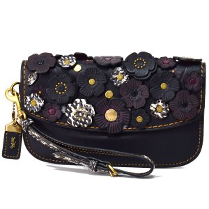 画像1: 【COACH】コーチ グラブタンレザー スネークスキン パイソン ティーローズ 花柄 フラワー フローラル アップリケ リストレット クラッチ ポーチ ブラック（日本未発売）