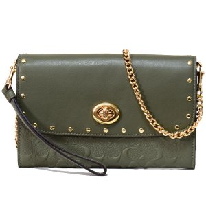 画像1: 【COACH】コーチ スムースカーフレザー シグネチャー 型押し リベット スタッズ ターンロック チェーン リストレット 2WAY クラッチ クロスボディー 斜めがけ ショルダーバッグ ミリタリーグリーン（日本未発売）