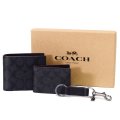 【COACH】コーチ メンズ コーティングキャンパス レザー シグネチャー シャドー ギフト ボックス コンパクト財布+定期入れ+キーホルダー 3点セット ブラック×ブラック×オックスブラッド（日本未発売）