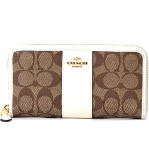 画像1: 【COACH】コーチ シグネチャー ストライプ アコーディオン ジップ 長財布 カーキ×チャーク（日本未発売）