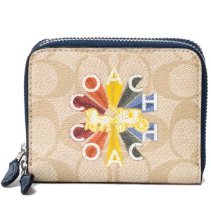 画像1: 【COACH】コーチ コーティングキャンバス クロスグレインレザー シグネチャー ロゴ ラジアル レインボー スモール ダブルジップ アラウンド 二つ折り 財布 ライトカーキ×デニムマルチ〔日本未発売〕