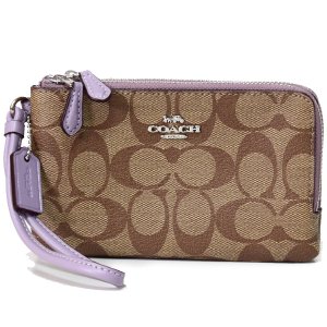 画像1: 【COACH】コーチ コーティングキャンバス シグネチャー ダブル コーナー ジップ リストレット ポーチ カーキ×ライラック〔日本未発売〕