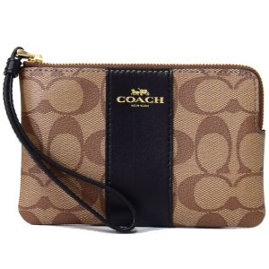 画像1: 【COACH】コーチ コーティングキャンパス レザー  シグネチャー ストライプ コーナー ジップ リストレットポーチ カーキ×ブラック〔日本未発売〕