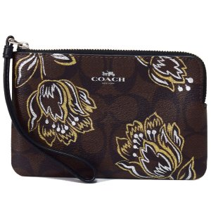 画像1: 【COACH】コーチ コーティングキャンバス スムースレザー シグネチャー チューリップ 花柄 フラワー フローラル プリント コーナー ジップ リストレット ポーチ チェスナッツメタリック〔日本未発売〕