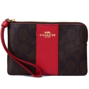 画像1: 【COACH】コーチ コーティングキャンパス レザー  シグネチャー ストライプ コーナー ジップ リストレットポーチ ブラウン×トゥルーレッド〔日本未発売〕