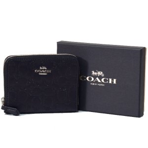 画像1: 【COACH】コーチ スムースレザー シグネチャー グリッター ラメ スモール ジップ アラウンド 二つ折り 財布 専用BOX付 ブラック（日本未発売）