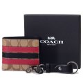 【COACH】コーチ メンズ コーティングキャンバス カーフレザー シグネチャー ストライプ ビルフォード 二つ折り  財布+キーフォブ キーホルダー 専用BOX付 2点セット タンマルチ（日本未発売）