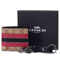 【COACH】コーチ メンズ コーティングキャンバス カーフレザー シグネチャー ストライプ ビルフォード 二つ折り  財布+キーフォブ キーホルダー 専用BOX付 2点セット タンマルチ（日本未発売）