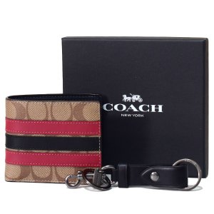 画像1: 【COACH】コーチ メンズ コーティングキャンバス カーフレザー シグネチャー ストライプ ビルフォード 二つ折り  財布+キーフォブ キーホルダー 専用BOX付 2点セット タンマルチ（日本未発売）